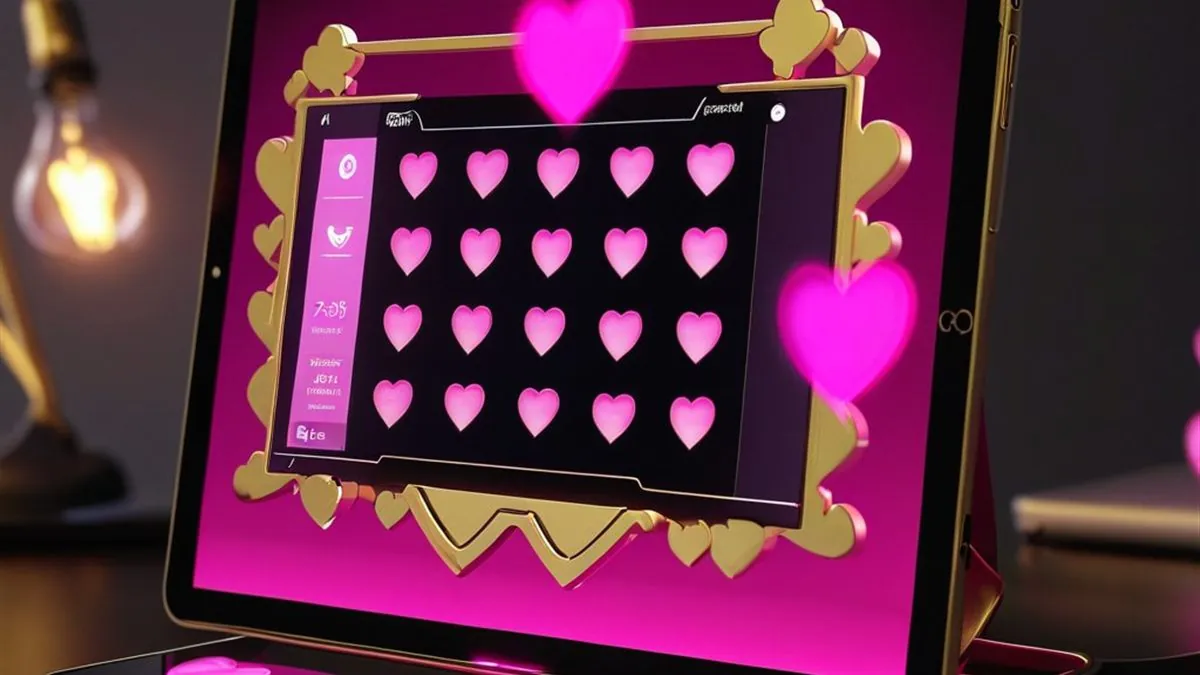 Tablet con una tragamonedas de corazones rosas en un marco dorado sobre el escritorio