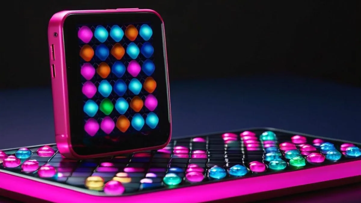Celular rosa con una cuadrícula de fichas de colores sobre un tablero iluminado