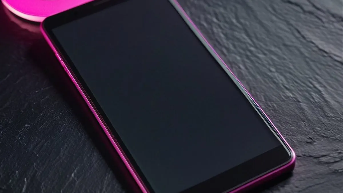 Tablet con borde rosa sobre una mesa de pizarra junto a una insignia de verificación