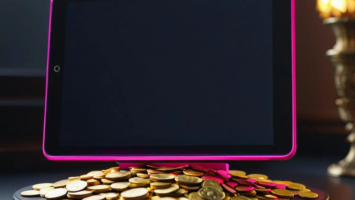 Tablet con borde rosa sobre una base cubierta de monedas doradas