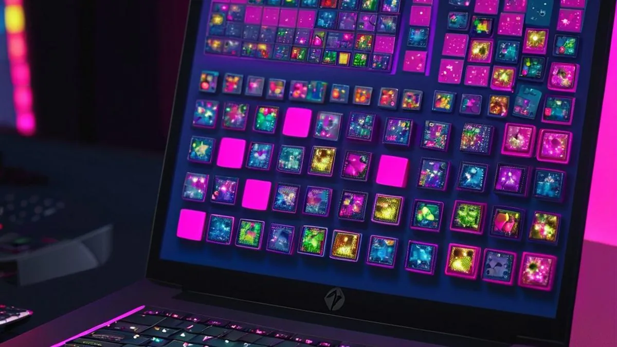 Laptop con un catálogo de miniaturas de juegos de colores y luz rosa