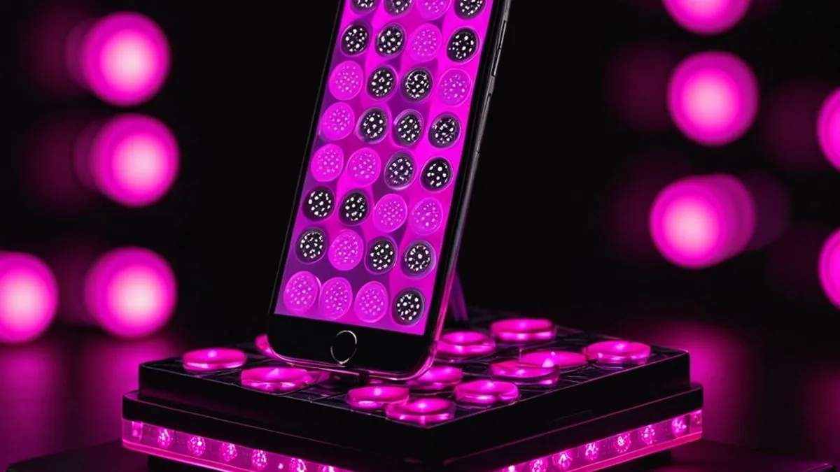 Celular en una base iluminada con una cuadrícula de fichas rosas en pantalla